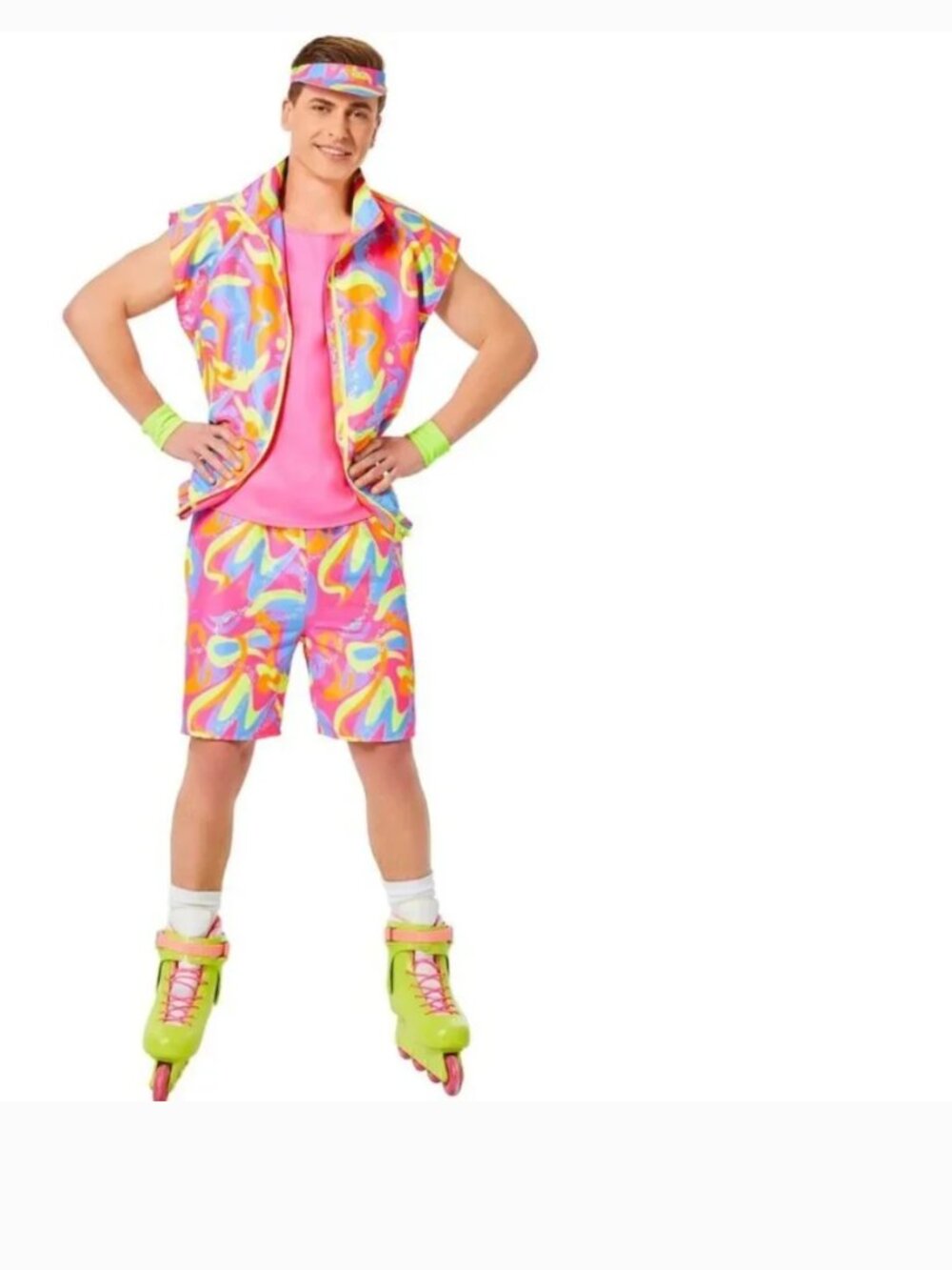 Barbie Skating Ken Halloween Costume 34/36 Neon Shirt, Shorts, Visor 5 Pc Mens